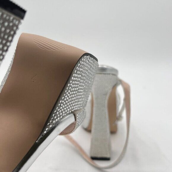 XYD Silver Platform Crystal Block Heels Sandals Open Square Toe Ankle Strap Shoe - Picture 6 of 8